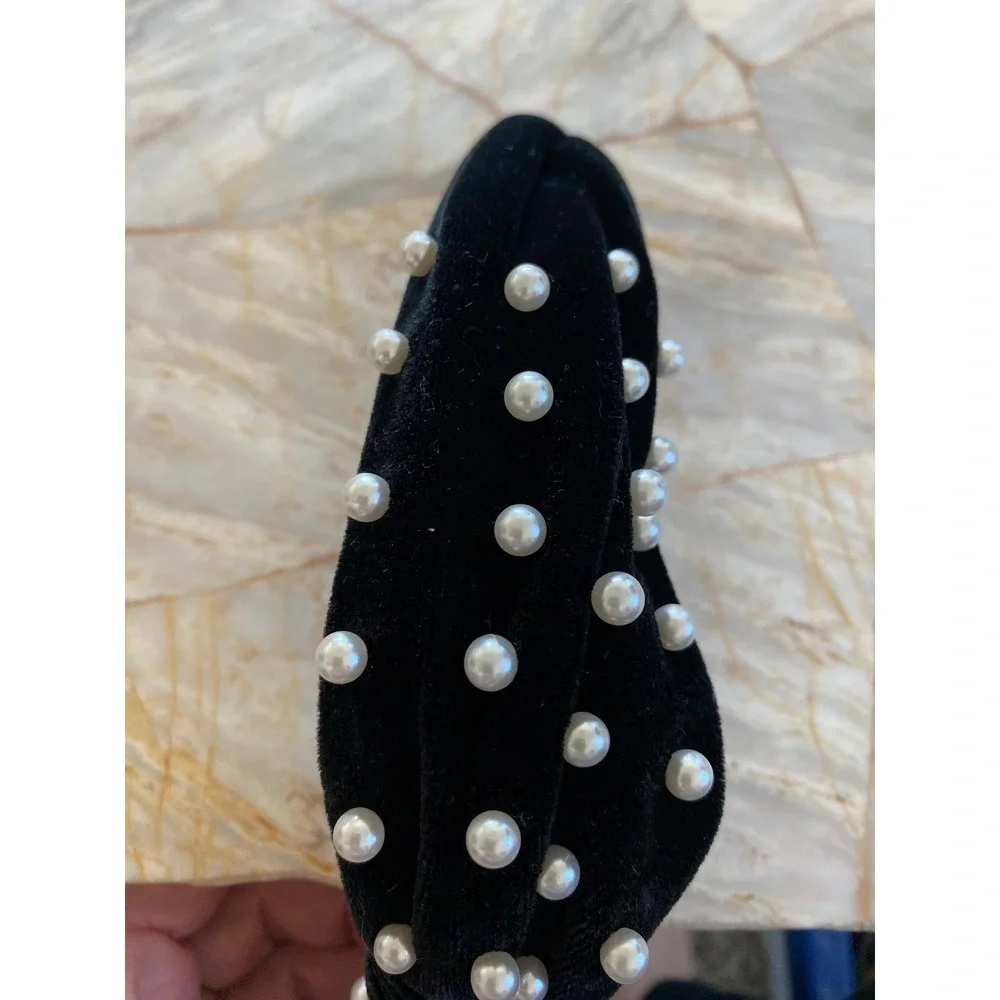 Black Velvet Faux Pearl Top Knot Headband Wide Statement Hair Accessory